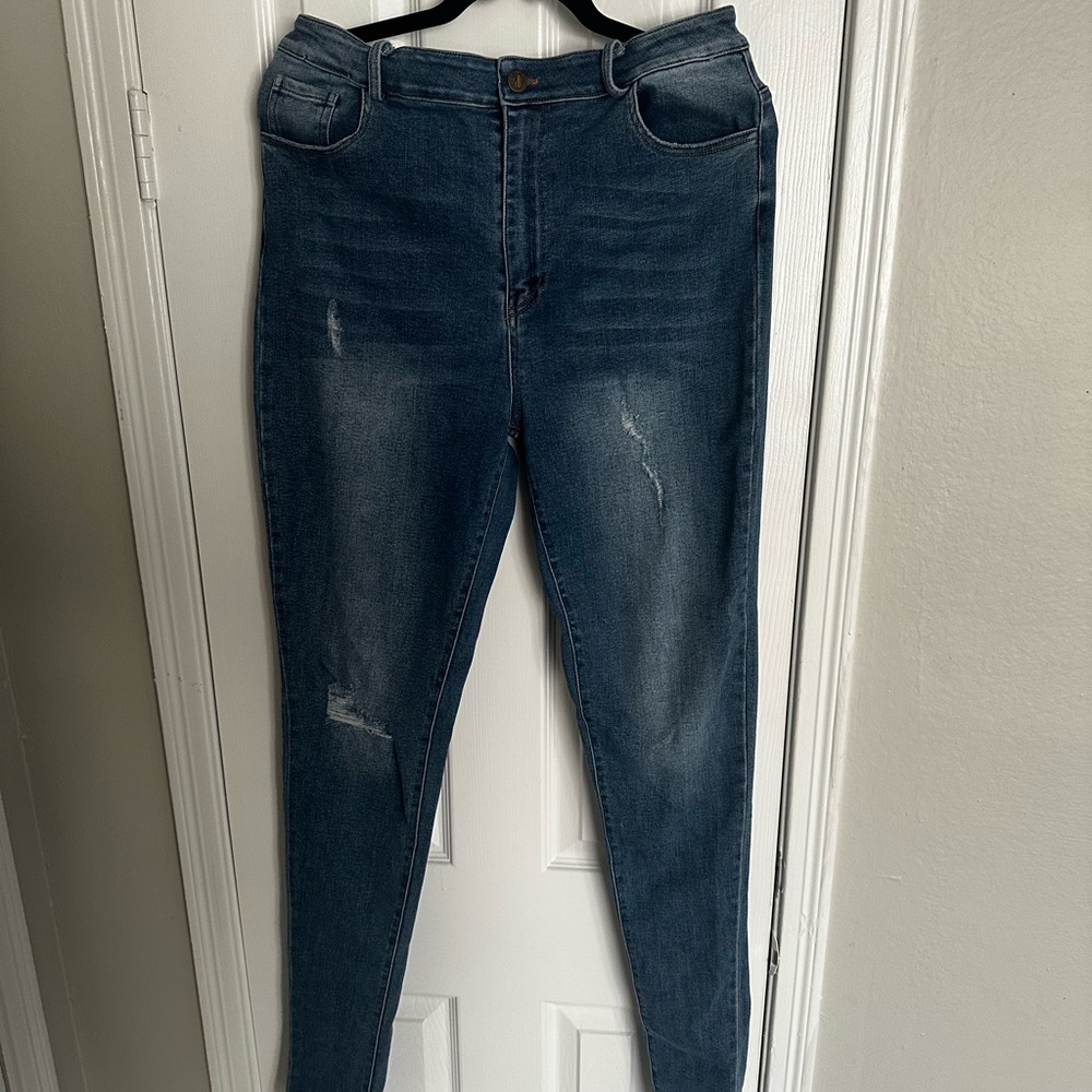 Blue Skinny Jeans with Distressed Look and High Waist